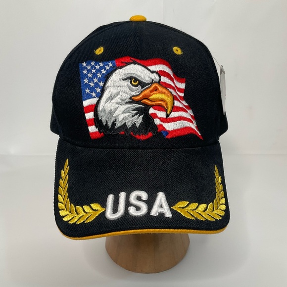 USA Men’s Embroidered American Flag Eagle Black Adjustable Closure Baseball Cap - Picture 2 of 14
